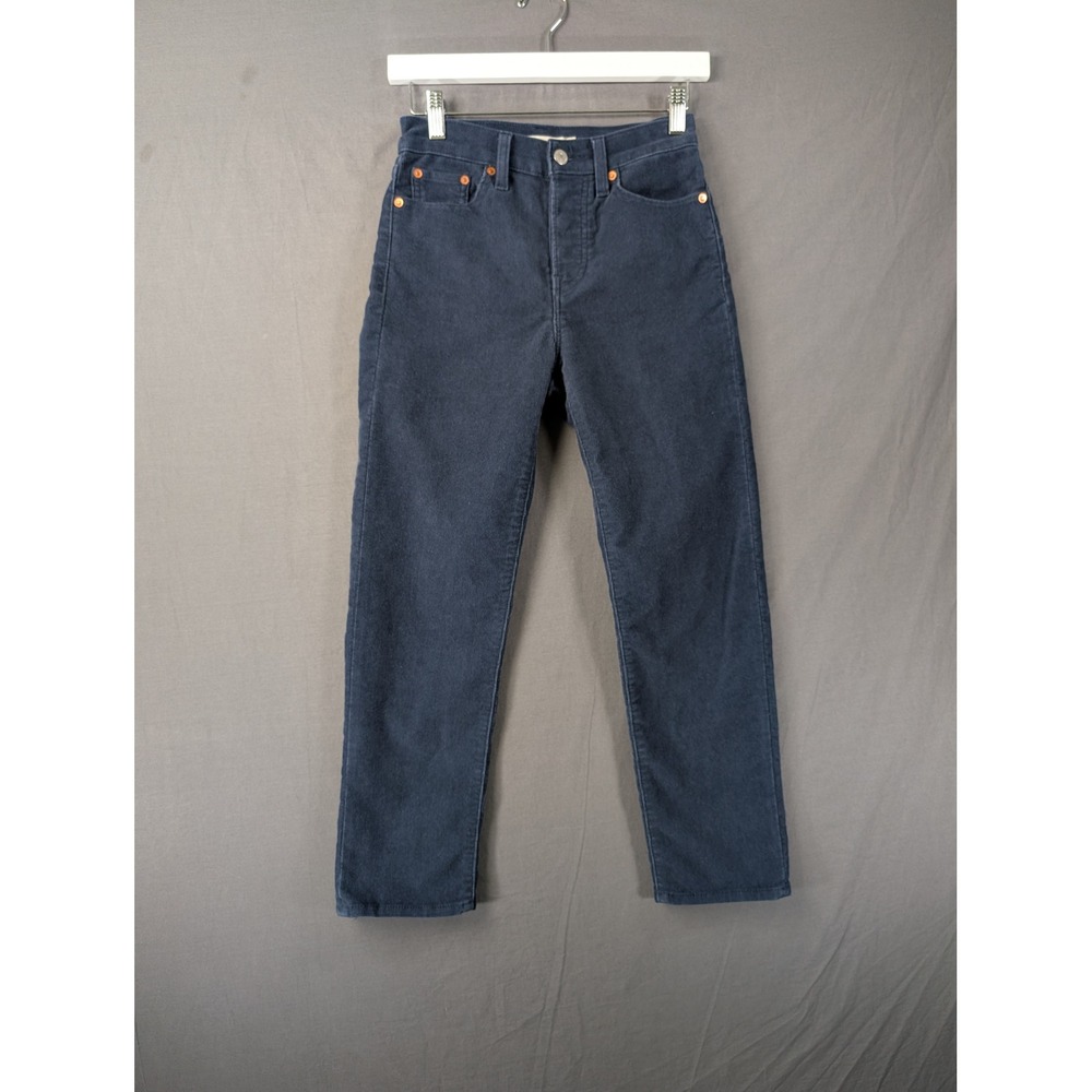 Levis Premium Wedgie Straight Corduroy Pants Navy Blue 24 High Rise Button Fly